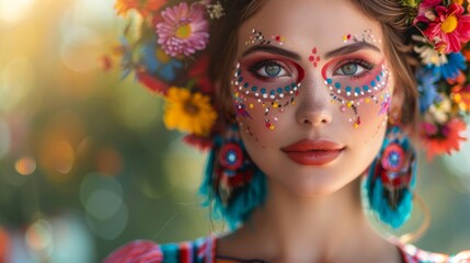 Naklejka premium Dia De Los Muertos, La Catrina Makeup Portrait: A close-up of a woman with intricate Catrina makeup, adorned with vibrant flowers in her hair and traditional Mexican attire. 
