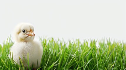 Newborn chick on grass field with space for text