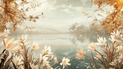 Dreamy lake scene with flowers and foggy trees