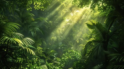 Sunlight filtering through lush tropical rainforest canopy