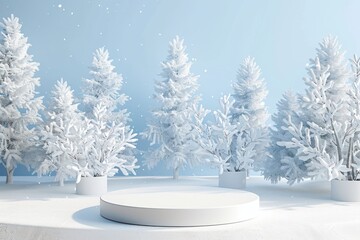 Fototapeta premium Winter Wonderland Podium with Snowy Christmas Trees. Minimalist 3D Render for Product Display