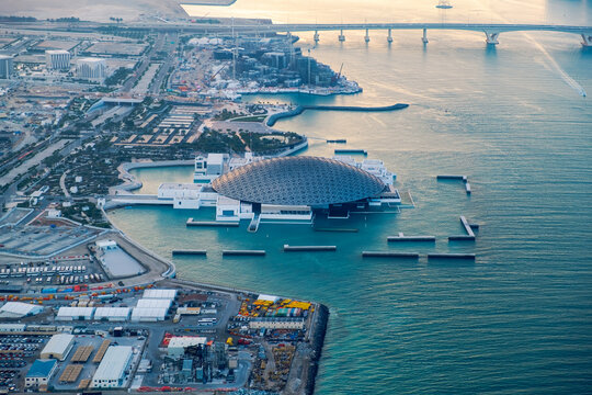 Abu Dhabi, United Arab Emirates January 3rd 2024. Aerial photo of Louvre Museum, Saadiyat Island