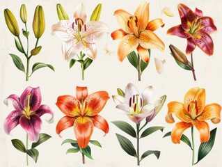 Fototapeta premium Beautiful blooming lilies with buds, isolated with intricate textures and rich hues