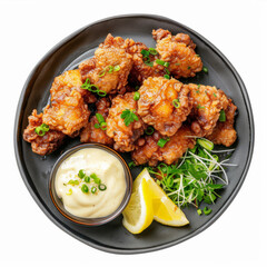 Fototapeta premium A plate of karaage, Japanese fried chicken, served with lemon wedges and a side of mayonnaise, isolated on white background.