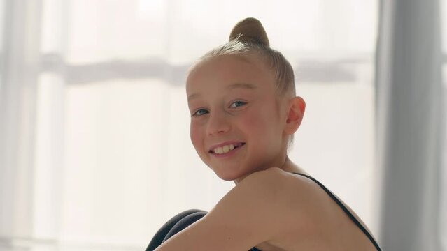 Caucasian little girl preteen child kid teenager daughter family custody at home female teenager school pupil happy adoption schoolgirl gymnast dancer ballerina smile toothy positive emotion childhood