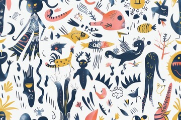 Colorful design with various animals and plants in a whimsical arrangement, A whimsical illustration featuring playful motifs and whimsical characters on a pristine white canvas