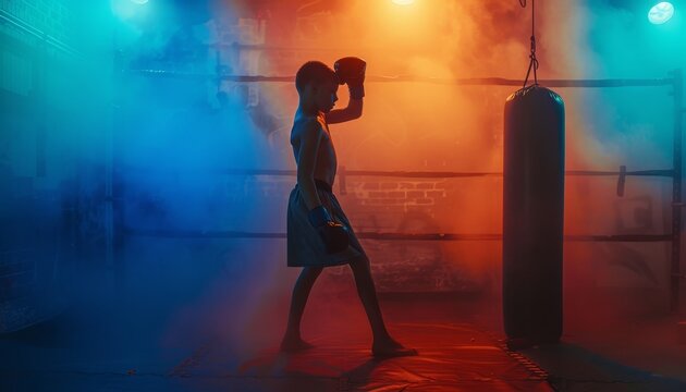 A strong teenage fighter trains on a punching bag in the gym. Silhouette of a child boxer in the gym. - Powered by Adobe