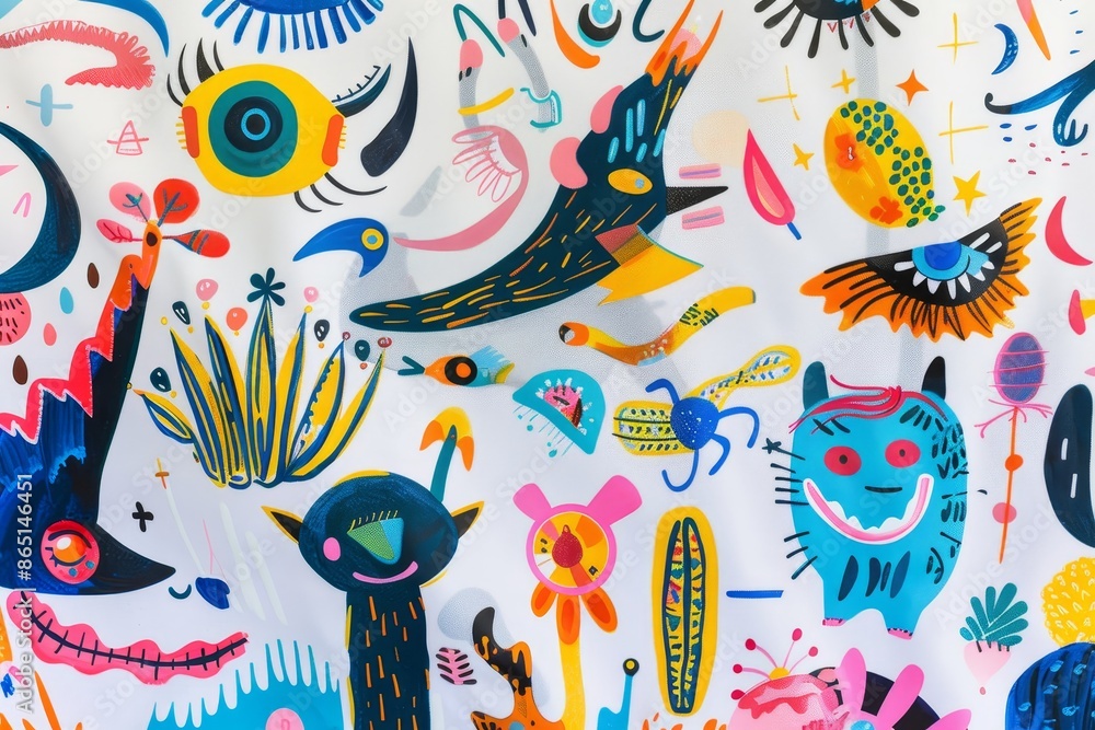 Poster detailed shot of a vibrant and playful pattern displayed on a clean white background, a whimsical il