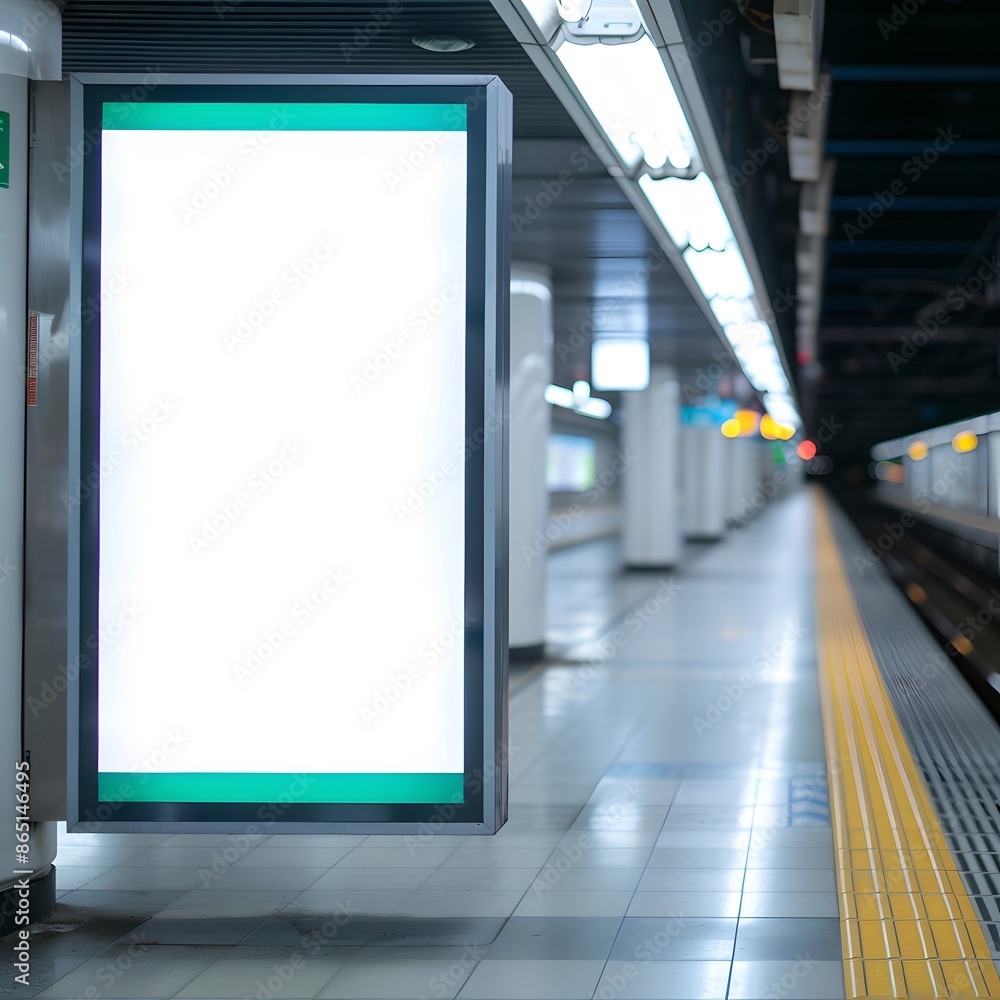 Aufkleber blank billboard in a subway station with an empty platform and bright lights, ready for advertisemen