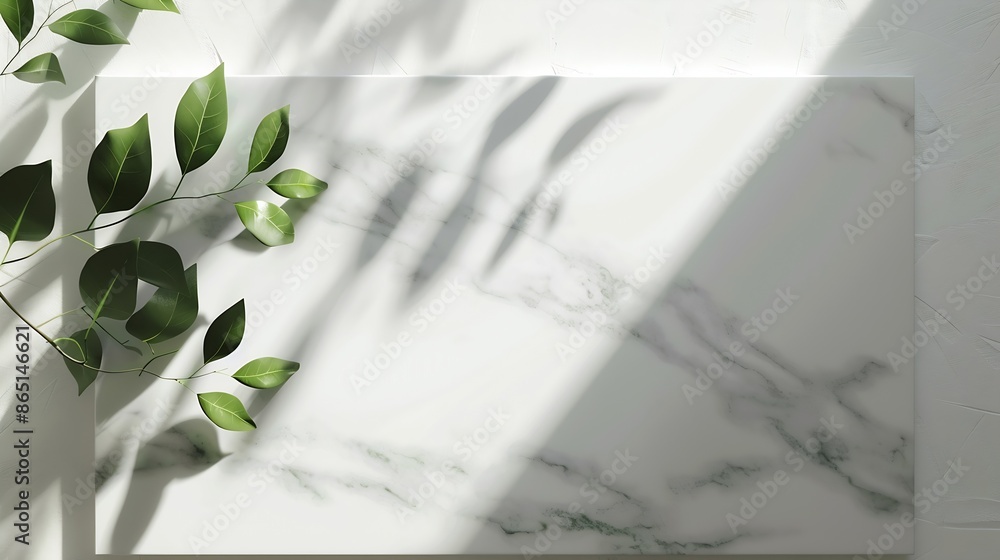 Poster Empty marble board with green leaves on a light background with shadow Layout concept for presentation of promotional products sale or demonstration of cosmetics Front view and copy sp : Generative AI