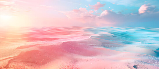 Serene landscape with pastel-colored sand dunes, blending pink, blue, and purple hues under a dreamy sunrise sky. Peaceful and surreal desert scene.