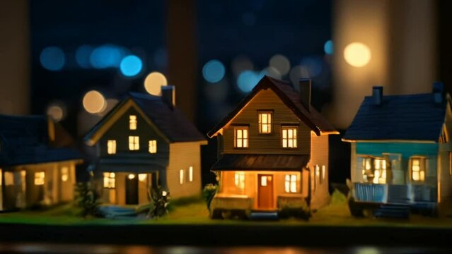 Miniature houses in row at night, model village with illuminated windows"