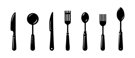 Cutlery silhouette black filled vector Illustration icon, kitchen utensils silhouettes. Kitchen tools vector.