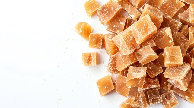 Natural jaggery pieces displayed on a clean white background, with ample copy space for advertisements and promotions focused on healthy, organic sweeteners
