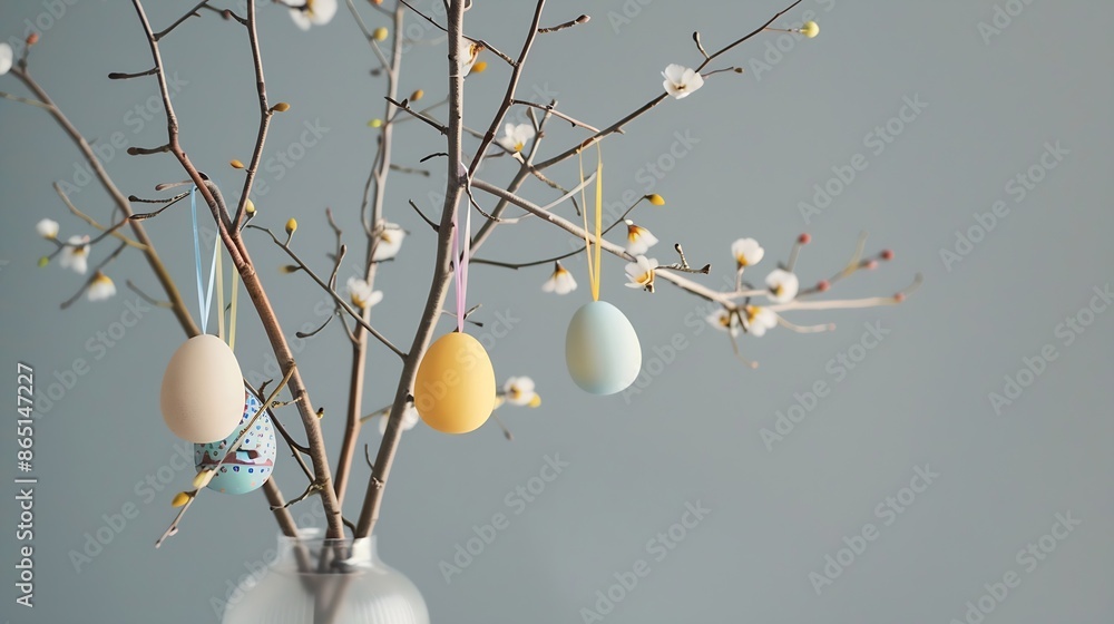 Aufkleber easter home decor craft concept a vase filled with branches with easet craft eggs hanging on it : ge