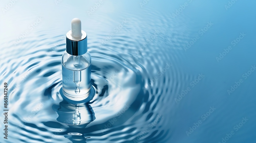 Aufkleber serum in transparent bottle with dropper on the water surface blank label for marking model summer w