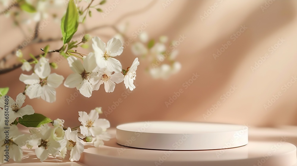 Poster empty podium or pedestal with spring bloom mock up for cosmetic products : generative ai