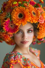 Naklejka premium La Catrina Makeup inspired Portrait: A close-up of a woman with intricate Catrina themed makeup.