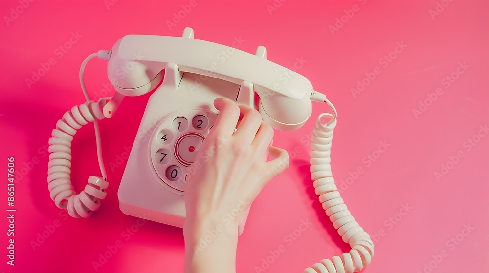 Poster white telephone pop art photography retro objects gadgets female hand holding handset of vintage pho