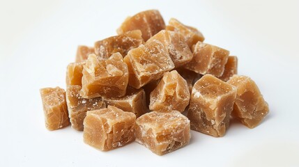 A heap of organic jaggery chunks, arranged on a clean white background, with ample copy space for advertisements and health food marketing materials