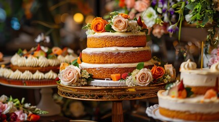A luxurious dessert display with a variety of elegantly decorated carrot cakes, set on an ornate cake stand with a lavish background