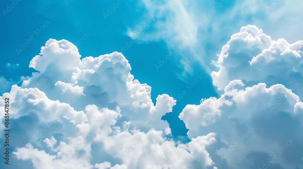Poster beautiful blue sky and white clouds of various shapes with sunlight nature background : generative a
