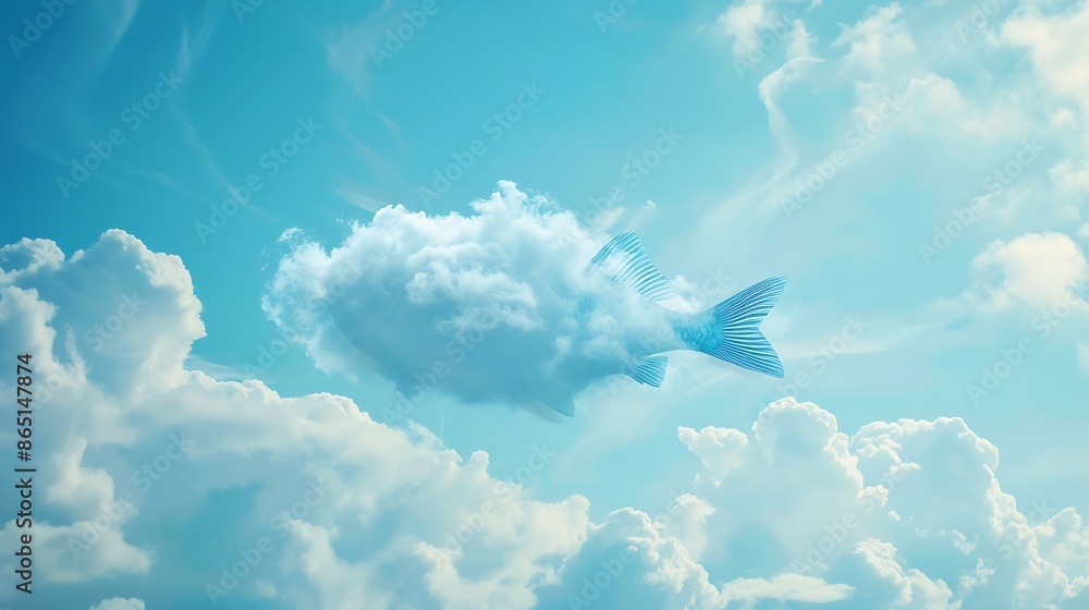 Aufkleber soft wispy fish shaped cloud in a blue cloudy sky : generative ai
