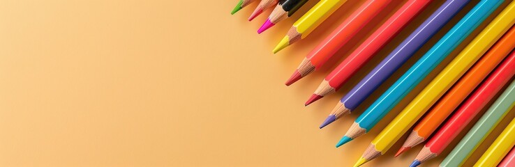 Fototapeta premium Colorful pencils, school supplies on a trendy beige light background. Many Office Stationery Items flat lay. Back to school concept. College tools props accessories. Top view, copy space. Wide banner