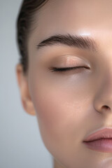 Fototapeta premium A young Caucasian woman with flawless skin, enjoying her skincare routine with eyes closed and a serene expression