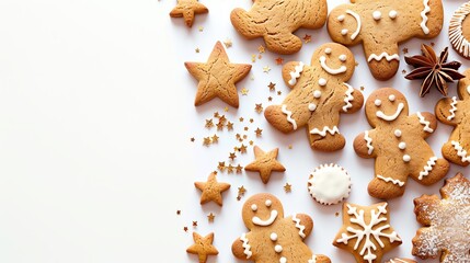 A variety of Christmasthemed cookies, including gingerbread men and stars, on a white background with ample space for text, perfect for holiday marketing materials