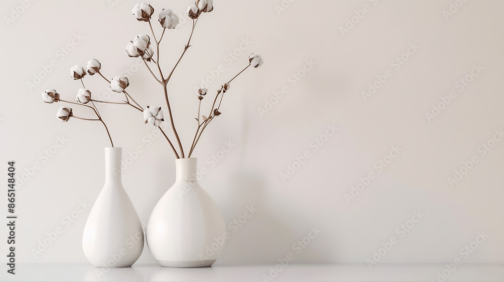 Poster beige ceramic vases with dry cotton branches stylish and minimalistic background for display your pr