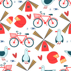 holland pattern. Windmill, bicycles, holland cheese, seagulls, and tulip flowers. vector illustration.