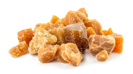 Assorted jaggery pieces in different shapes and sizes, displayed on an isolated white background, ideal for showcasing traditional sweeteners in promotional content