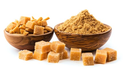 Assorted jaggery products, including cubes and powder, on an isolated white background, perfect for health food marketing and natural sweetener product displays