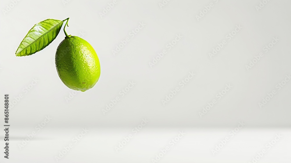 Poster lime with green leaf flying in the air isolated on white background : generative ai