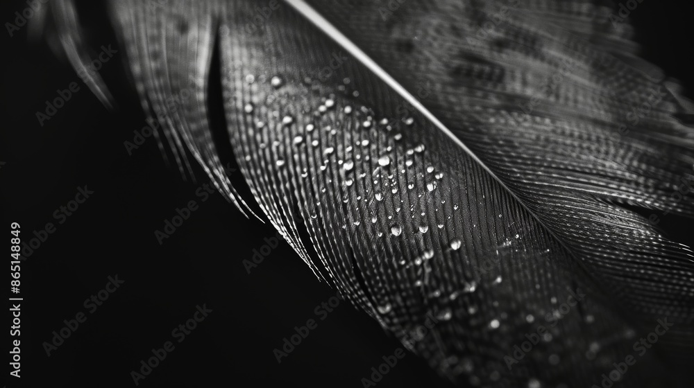 Poster a macro shot of a monochrome feather showcases its intricate micro patterns and textures. black and 