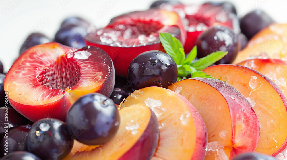 Wall mural Juicy Sliced Peaches and Plums Close Up - Fresh Fruit Background for Healthy Eating and Cooking Inspiration