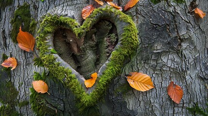 Heart shaped structure in the bark of a beech tree Fagus with green moss and autumn leaves in Iserlohn Sauerland Germany as symbol and proof for everlasting and romantic love on Valent : Generative AI