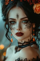 Naklejka premium La Catrina Makeup inspired Portrait: A close-up of a woman with intricate Catrina themed makeup.