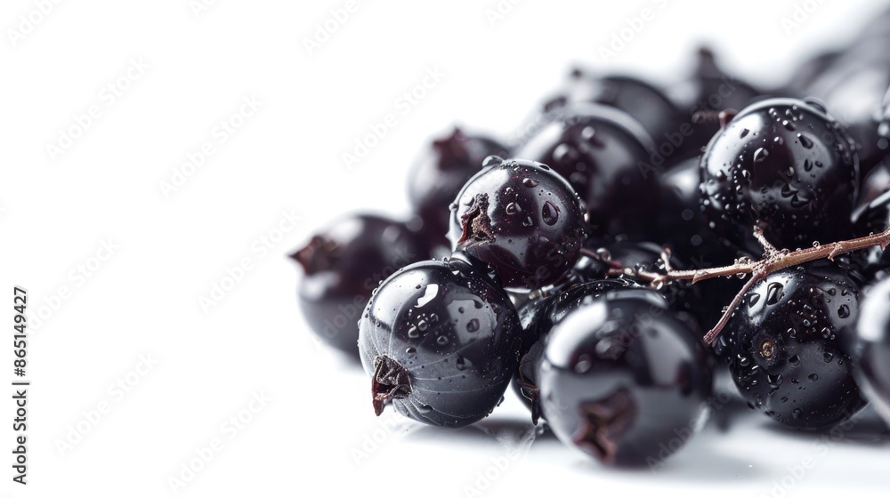 Poster isolated close up of black currant with white background and space for text