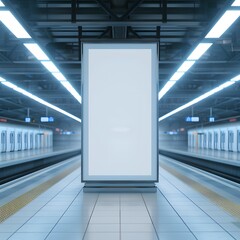 Blank illuminated billboard in modern subway station, ready for advertisement, surrounded by clean and sleek train platforms.