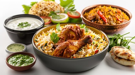 Indian non veg meal chicken biryani roti chill