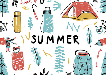 Camping and hiking gear pattern, Summer text, linocut vintage style illustration