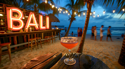 A vibrant evening at a beach bar in Bali with string lights creating a warm atmosphere and a cocktail on a wooden table in the foreground, people strolling in the back.