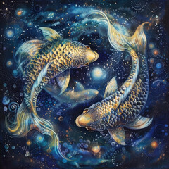 Mesmerizing Pisces sign artwork featuring two ethereal fish swimming in a starlit galaxy