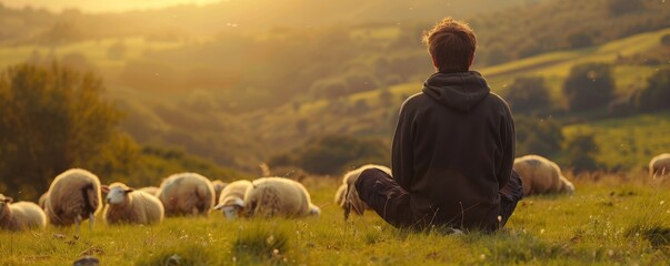 Man sitting in field with sheep at sunset, enjoying peaceful nature scenery. Serene pastoral...