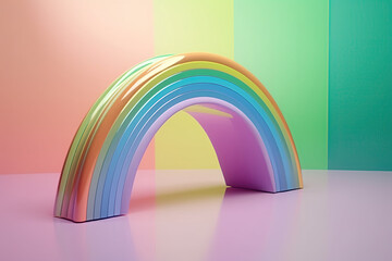 Colorful abstract holographic metallic arches on pastel gradient background