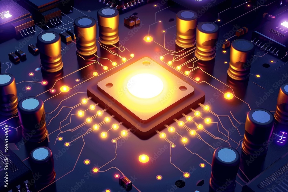 Poster ai microchip on circuit board, advanced technology, blue light, high tech innovation, artificial int