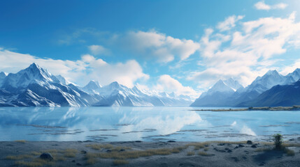 Mountain range landscape with lake and clouds