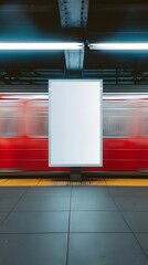 Blurred red subway train passing by a blank advertisement board in an underground station, perfect for promotional and urban-themed designs.